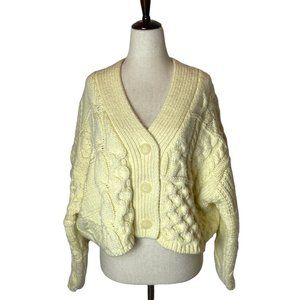 Zara Pale Yellow Chunky Cable Knit Long Sleeve Button-Down Cropped Cardigan Sz S